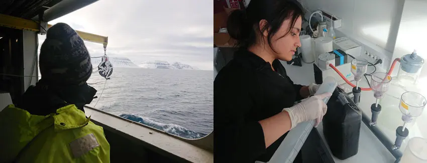 Isfjorden-Adventfjorden marine station work Left: Sailing out to the IsA marine station. Right: Cheshtaa Chitkara filtering water samples in the UNIS lab. Photos: Snorre Flo/UNIS.