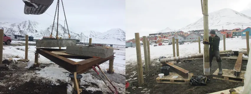 Loading experiment outside UNIS. Pile test campaign outside UNIS. Left: Loading of elements. Right: Installation of piles in the ground. Photo: UNIS.