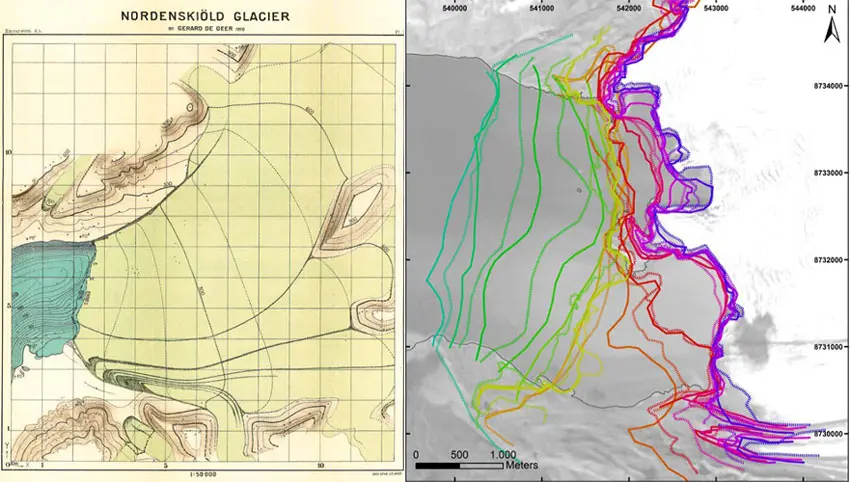 Evidence-material-1-2_W850px To the left is a map of the Nordenskiöldbreen made by De Geer in 1910. To the right is a satellite image from 2015 with all 28 reconstructed glacier front positions of the Nordenskiöldbreen from 1896 to 2015.