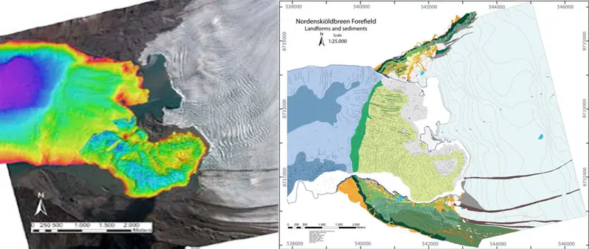 Evidence-material-3 To the left is a composite picture of the scanning of the fjord bottom and the flight image from 2009. To the right, the completed geomorphological map, with all glacier tracks included.