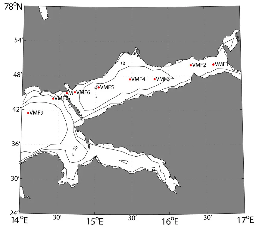 Fig2_map_vanmijen_stations Sea stations in Van Mijen fjorden.