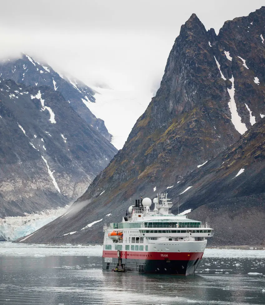 Hurtigruten expedition vessel "Fram" in Magdalenefjorden in Svalbard