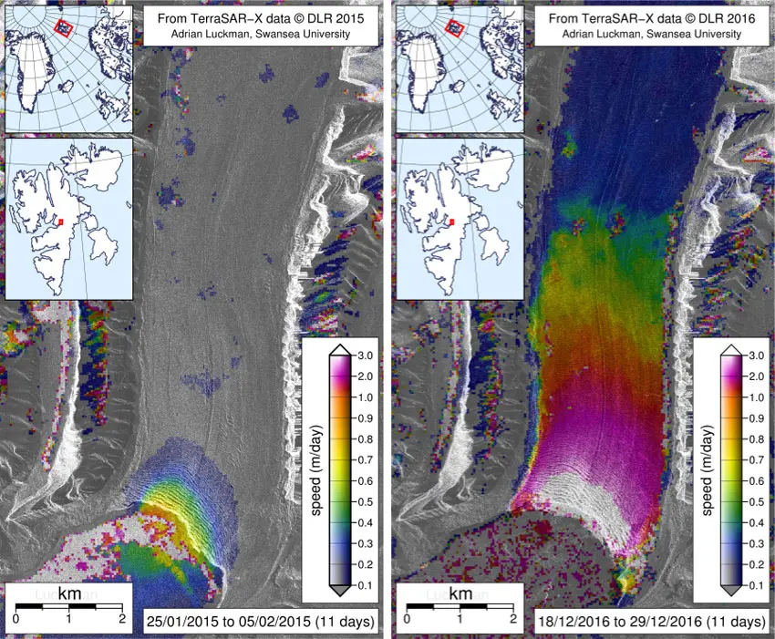 Tunabreen-SpeedComparison-2015-2016_A.Luckmann Glacier speed measured by Adrian Luckman using TerraSAR-X satellite data. Winter speed in 2015 (left) and in December 2016 (right).